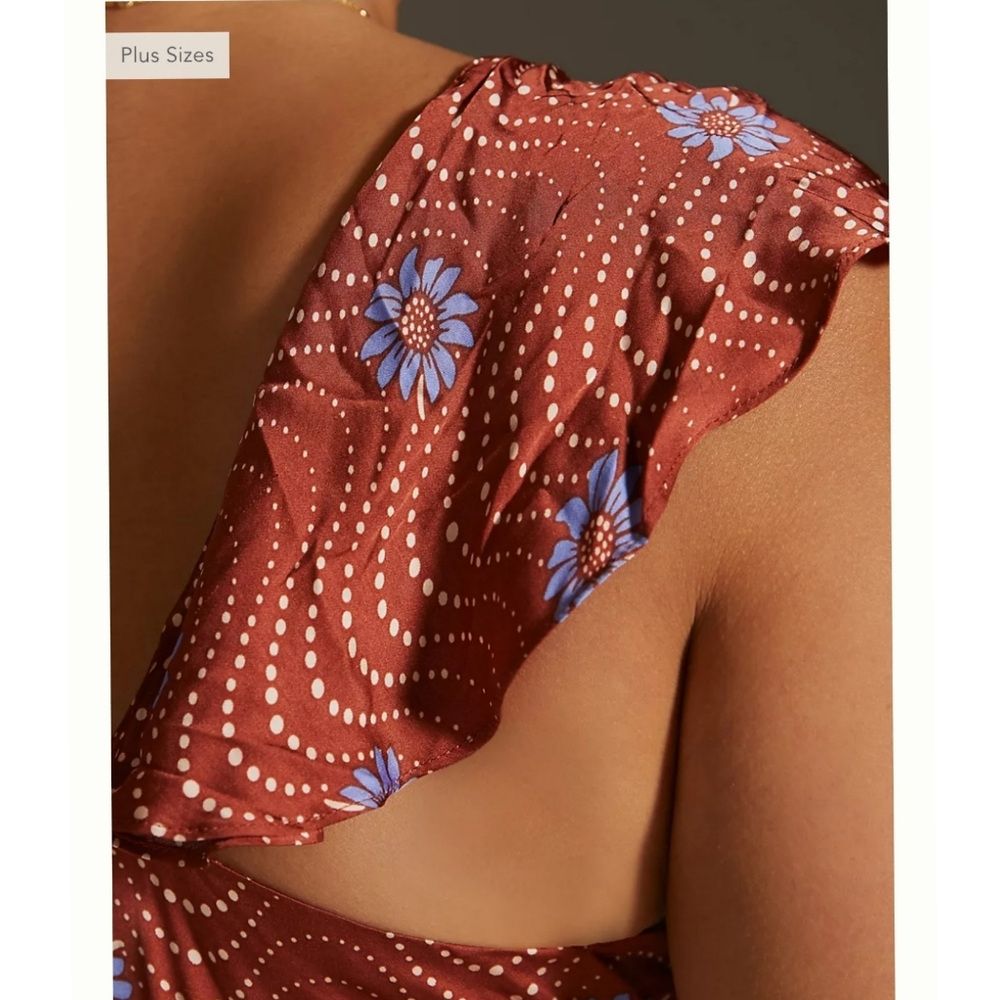 Anthropologie Ruffle-Sleeve Printed-Wrap Maxi Dress Size XL - Picture 6 of 10